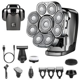 1Pc 6 In 1 9D Electric Head Shaver For Men Cordless Rechargeable Wet Dry Razor With LED Display Travel Lock Stall Protection Cleaning Reminder (Option: Black)